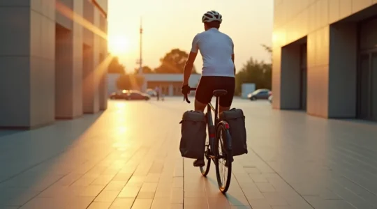 Un cycliste urbain transportant une charge équilibrée dans des sacoches porte-bagages, mettant en avant la praticité et l'efficacité du transport à vélo