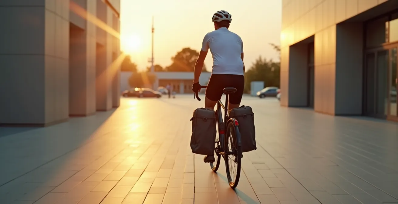 Un cycliste urbain transportant une charge équilibrée dans des sacoches porte-bagages, mettant en avant la praticité et l'efficacité du transport à vélo