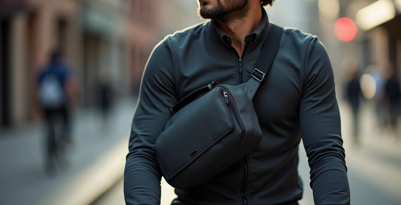 Gros plan sur un cycliste urbain portant une sacoche avec bandoulière bien ajustée, soulignant la relation ergonomique entre le corps et l'équipement de transport