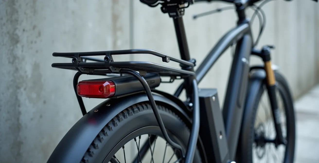 Vue détaillée d'un cadre de vélo électrique montrant l'espace disponible autour de la batterie et les points de fixation optimaux pour une sacoche de cadre compatible