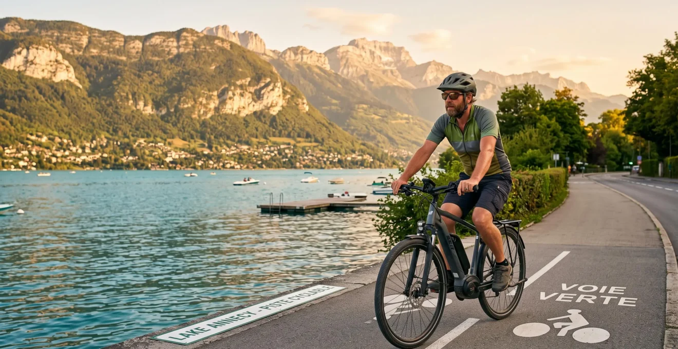 Cycliste pédalant sur un vélo électrique le long de la voie verte du lac d'Annecy, avec le lac turquoise et les montagnes alpines en arrière-plan sous une lumière dorée de fin de journée