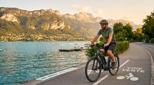 Cycliste pédalant sur un vélo électrique le long de la voie verte du lac d'Annecy, avec le lac turquoise et les montagnes alpines en arrière-plan sous une lumière dorée de fin de journée