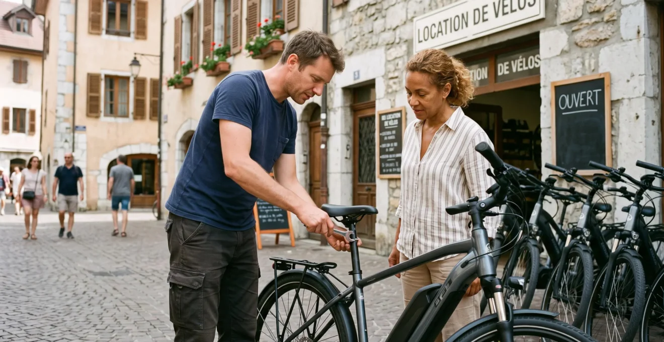 Professionnel d'agence de location à Annecy debout en train de régler la hauteur de selle d'un vélo électrique pour un client, avec d'autres VAE alignés en arrière-plan