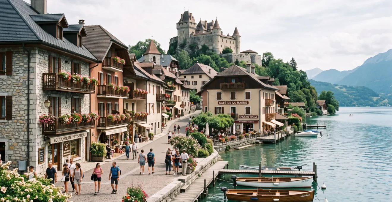 Vue du village de Menthon-Saint-Bernard au bord du lac d'Annecy avec ses façades savoyardes traditionnelles fleuries et le château en arrière-plan sur la colline